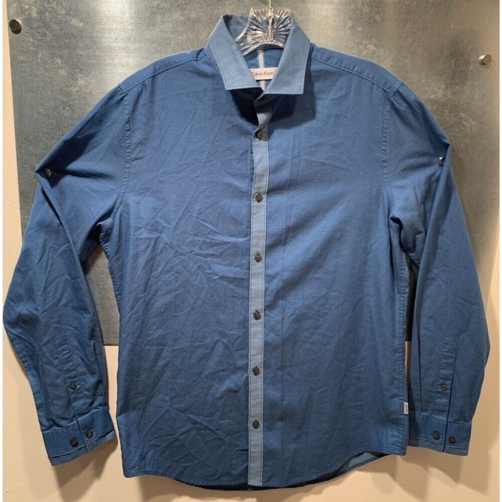 Calvin Klein Diamond/Dots Geometric Pattern Blue 100% Cotton Long Sleeve S Shirt